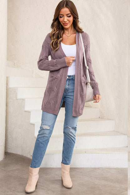 Cable-Knit Dropped Shoulder Slit Cardigan.