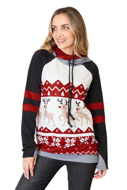 Double Take Full Size Christmas Drawstring Long Sleeve Hoodie.