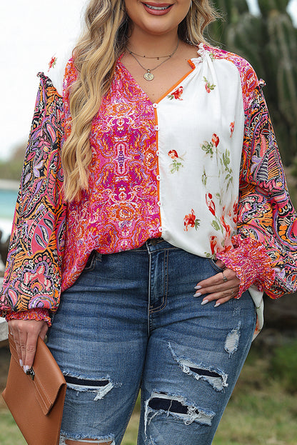 Floral charm: Pink patchwork blouse with shirred cuffs