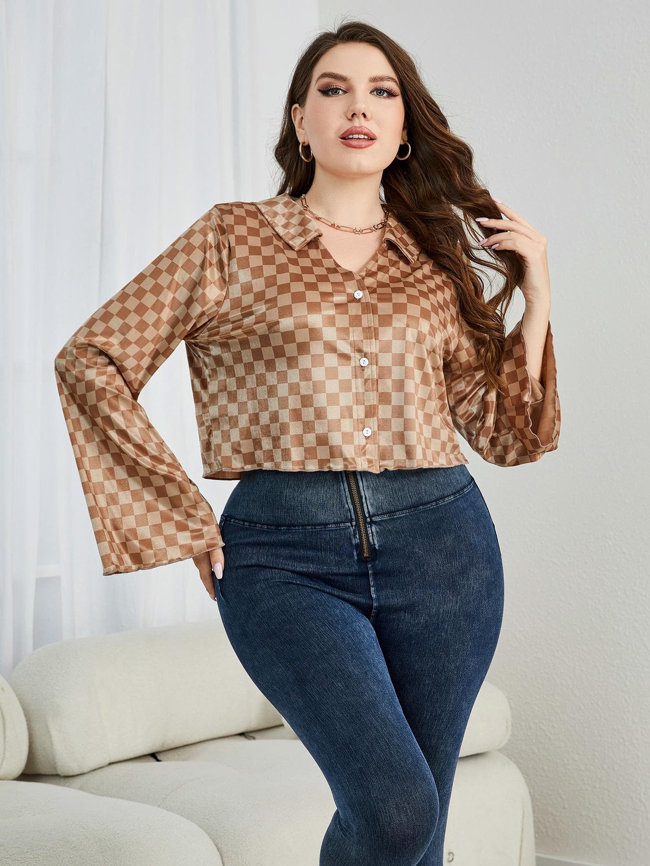 Plus Size Checkered Johnny Collar Flare Sleeve Shirt.