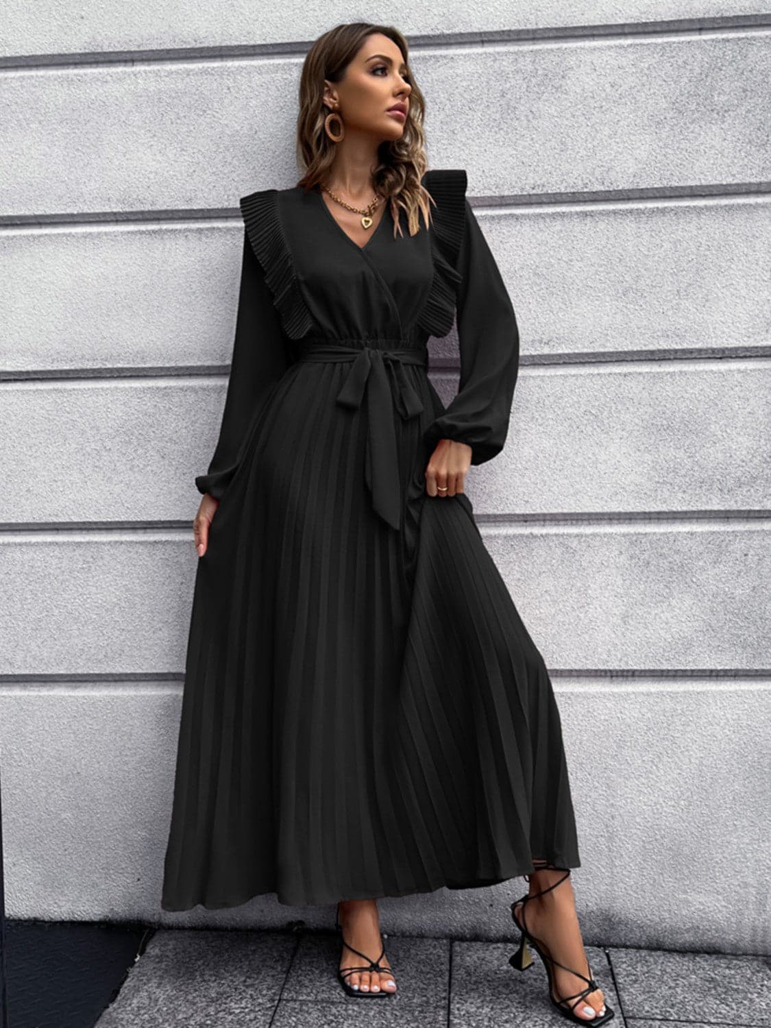 Pleated Surplice Tie Waist Maxi Dress.