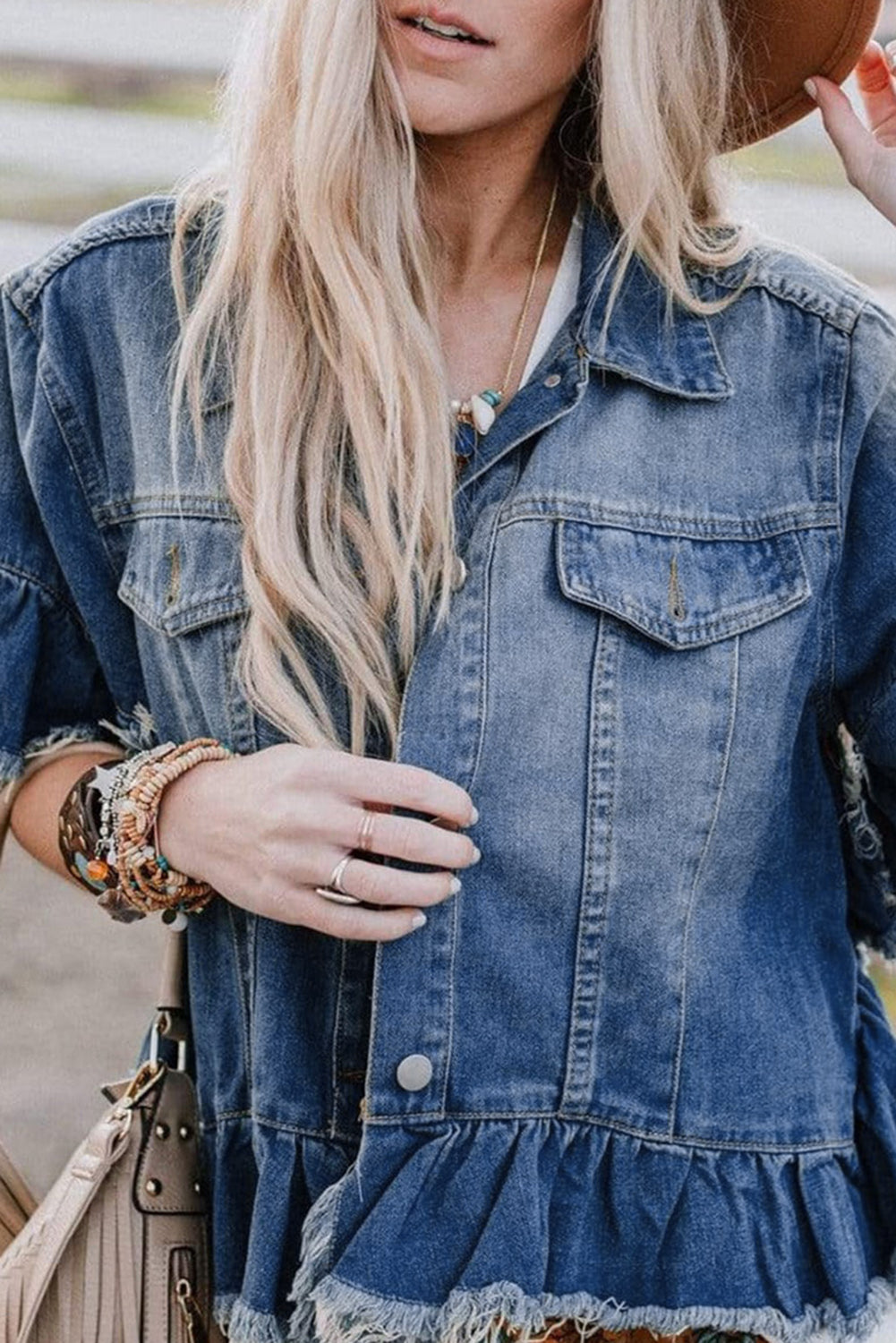 Peacock blue ruffled denim jacket