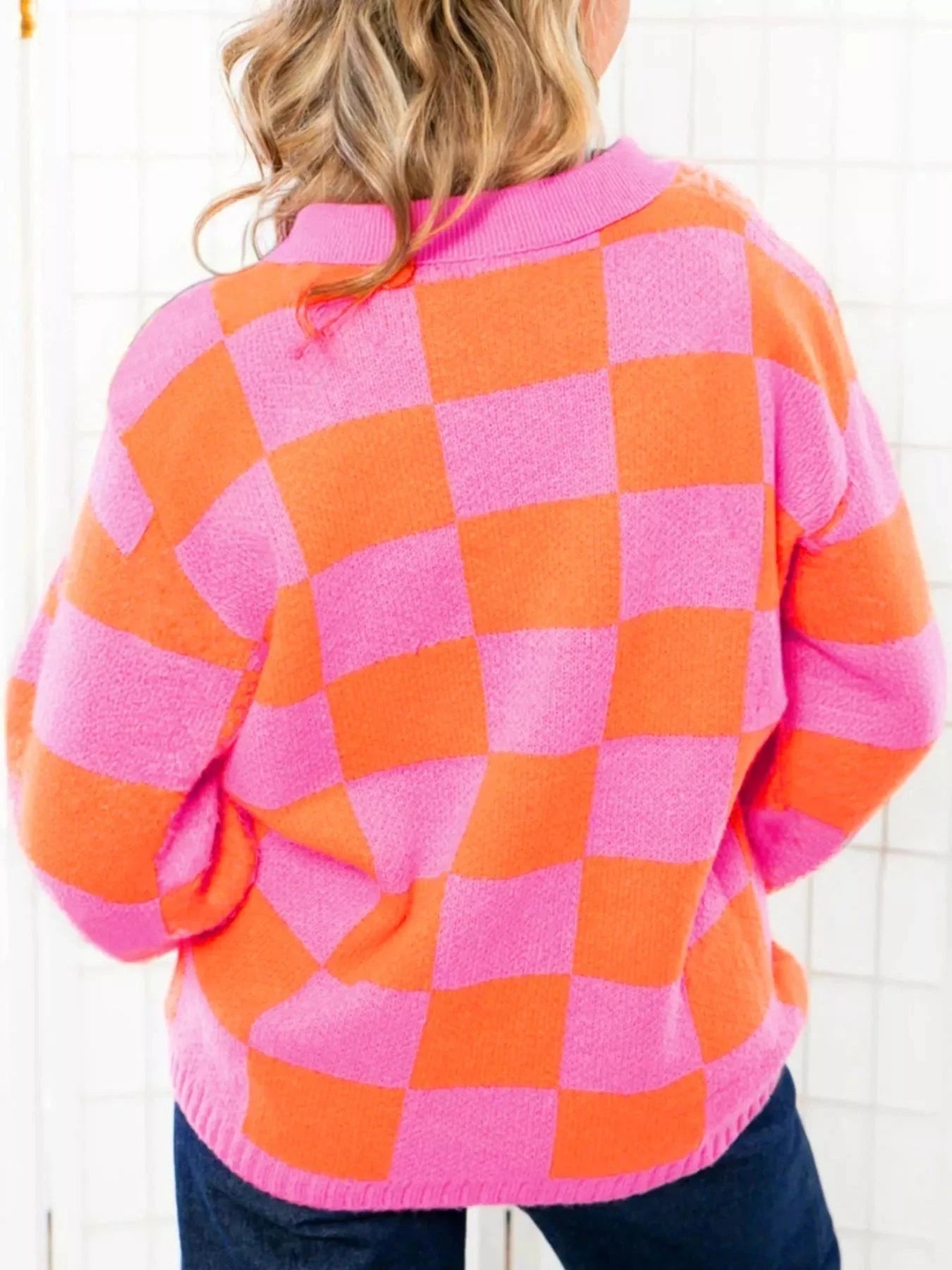 Checkerboard Pattern Half Button Knit Sweater Soft Viscose Blend Simply Love