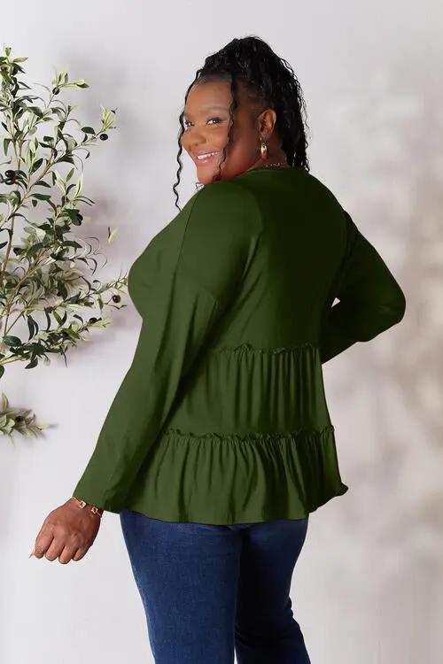 Double Take Half Button Long Sleeve Ruffle Hem Blouse - Love Salve