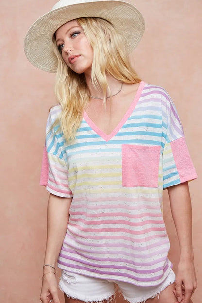 BiBi Rainbow Stripe Printed Triblend Knit Top - Love Salve 