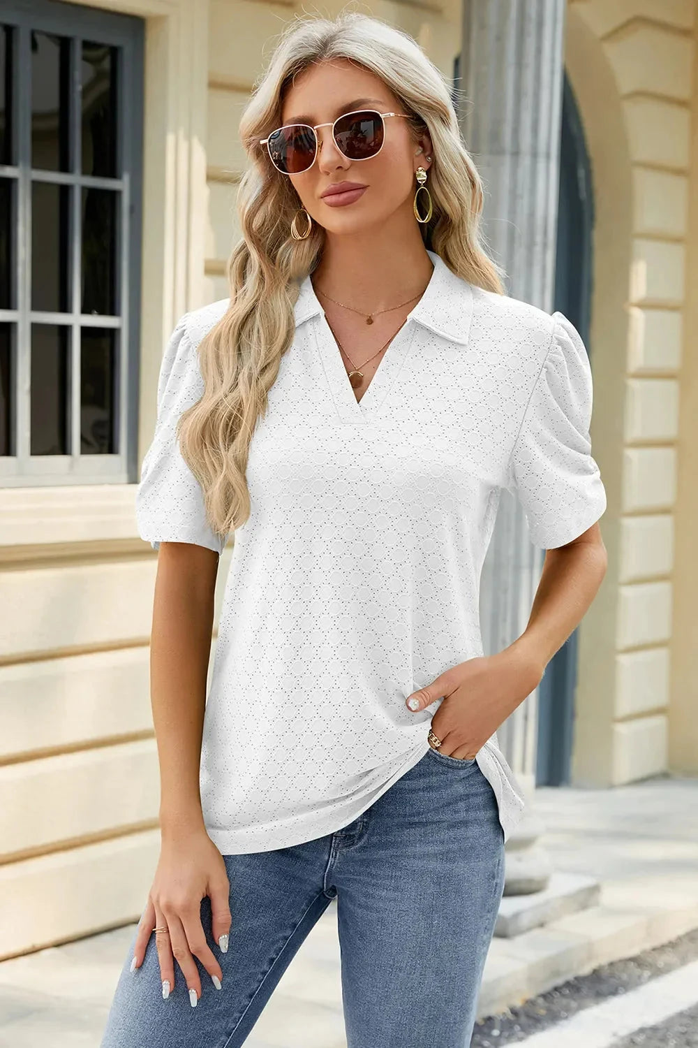 Eyelet Johnny Collar Puff Sleeve Blouse Coco’s Tee Boutique