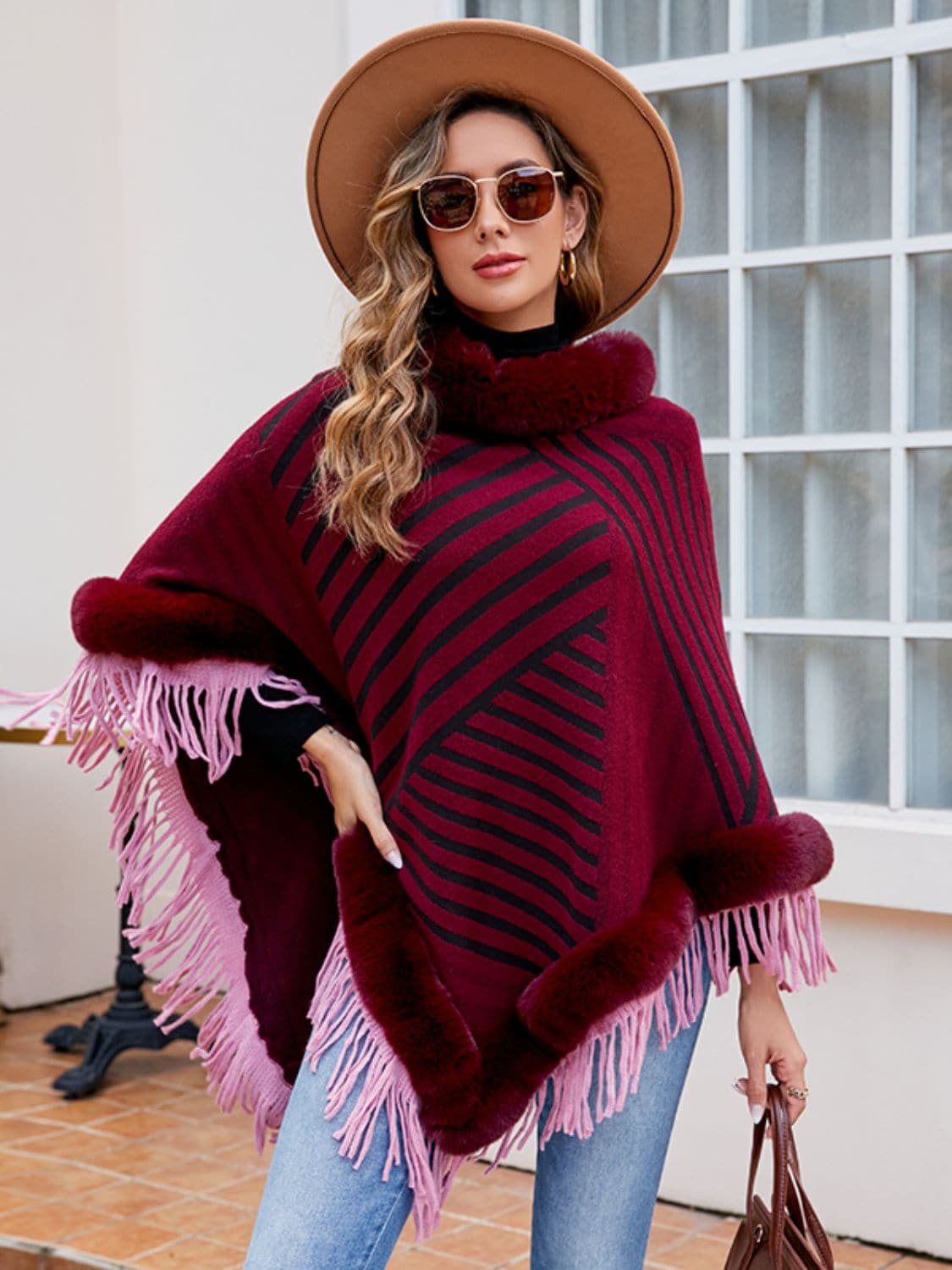 Striped Fringe Hem Poncho.