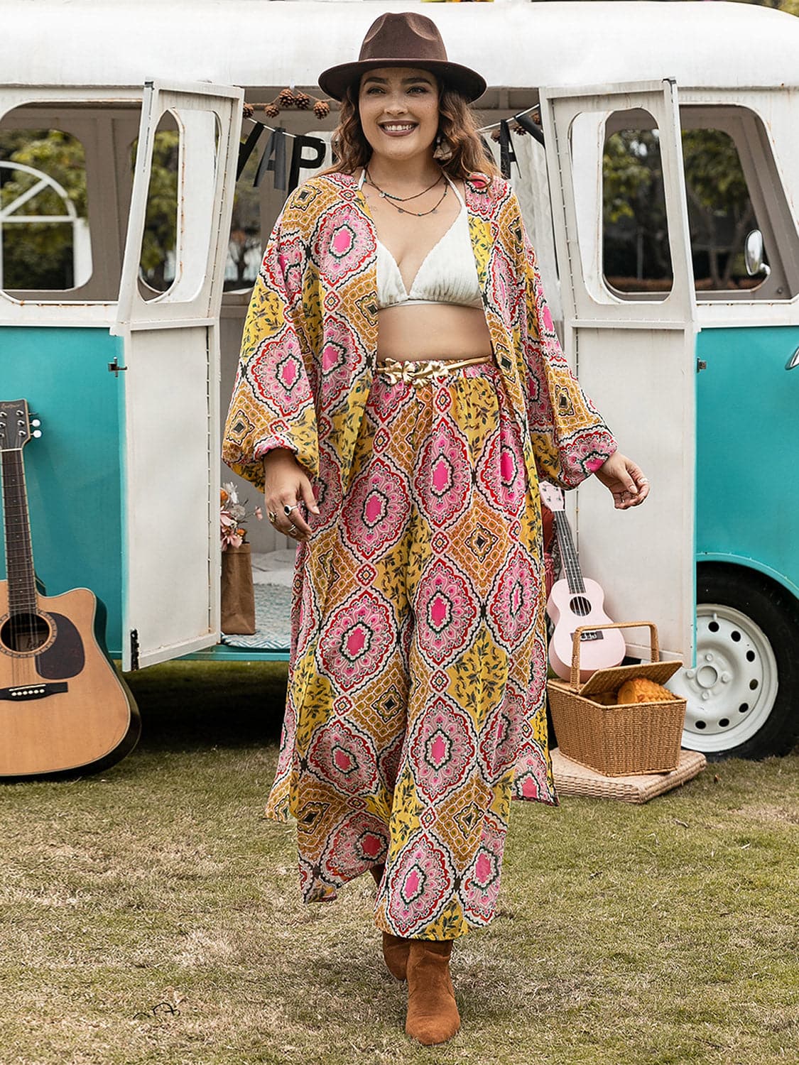 Plus Size Printed Open Front Cover Up and Pants Set.