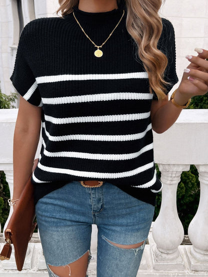 Striped Mock Neck Short Sleeve Sweater.