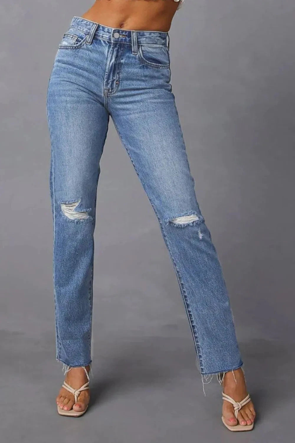 Distressed Raw Hem Straight Jeans with Pockets Coco’s Tee Boutique