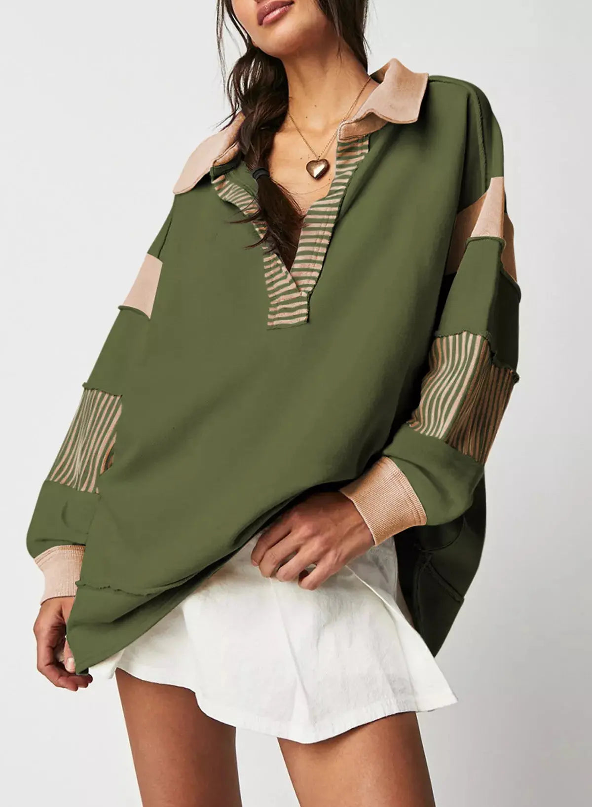 Color Block Striped Johnny Collar Sweatshirt Simply Love