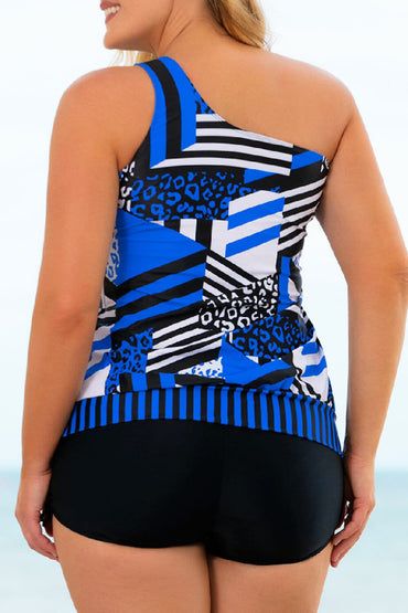 Plus Size Patchwork Tied One-Shoulder Tankini Set.