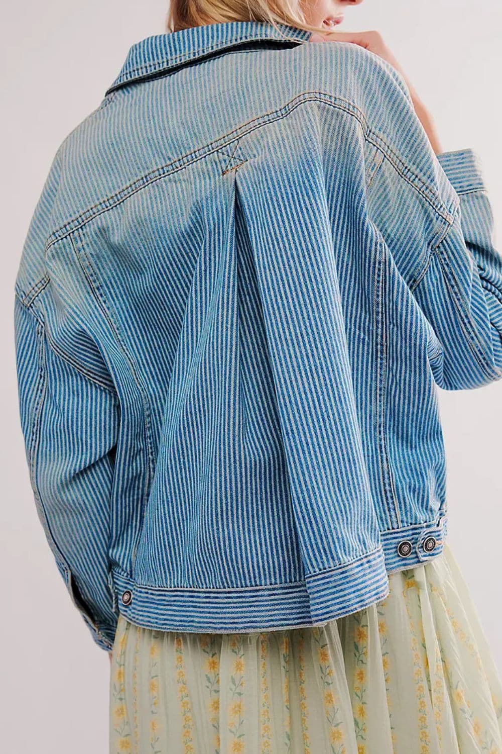 Striped Button Up Long Sleeve Denim Jacket.