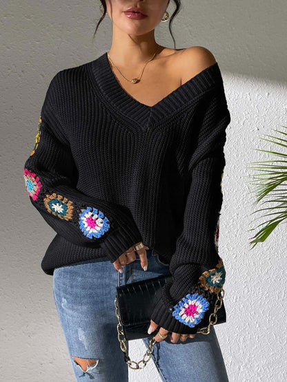 Floral crochet V-neck pullover sweater