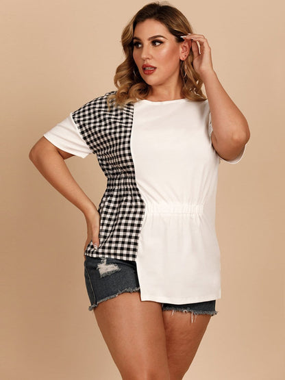 Plus Size Gingham Color Block Asymmetrical T-Shirt.