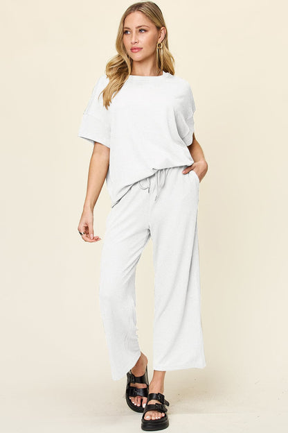 Double Take Full Size Texture Round Neck Short Sleeve T-Shirt and Wide Leg Pants.