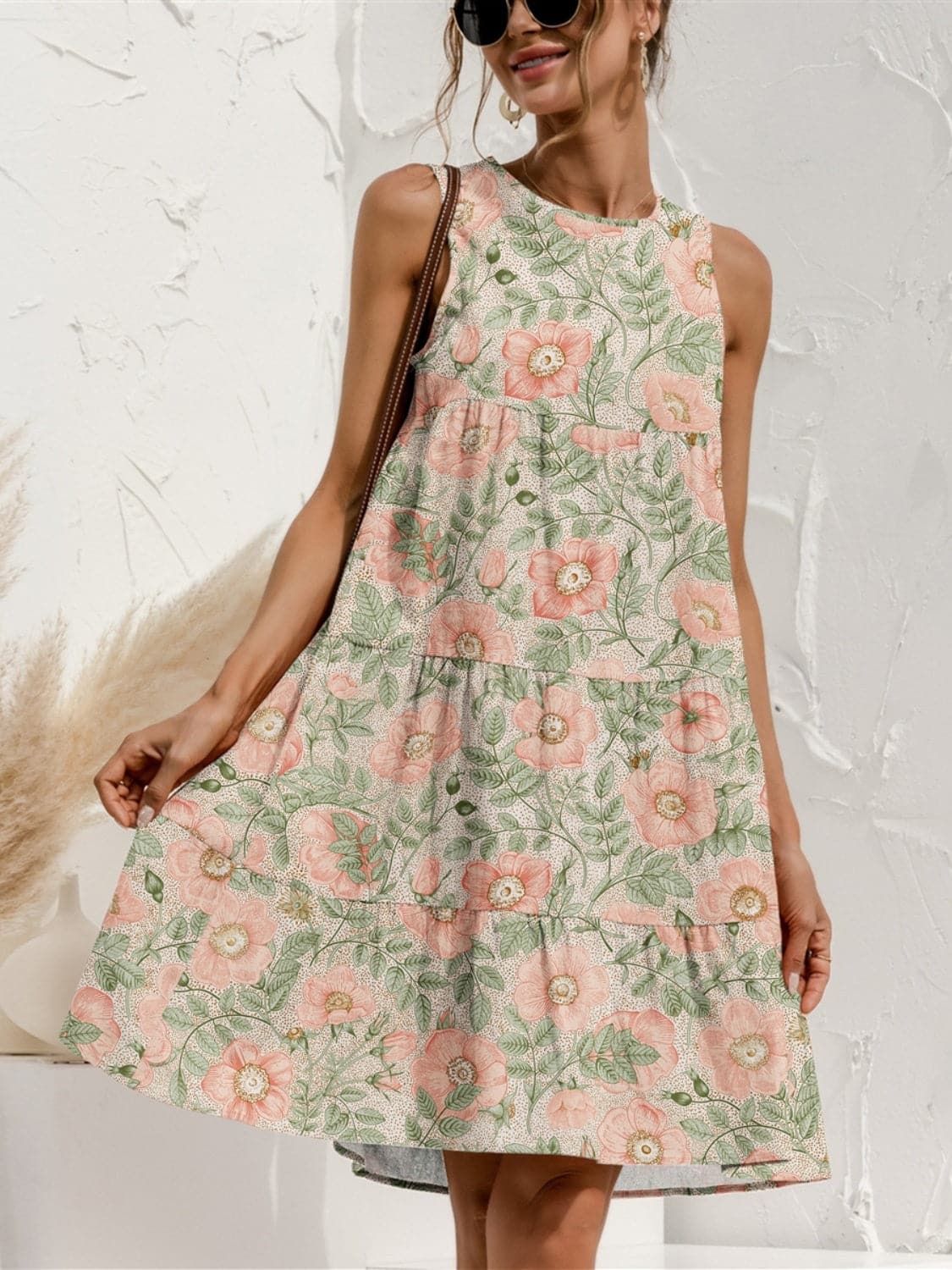 Tiered Printed Round Neck Sleeveless Dress.