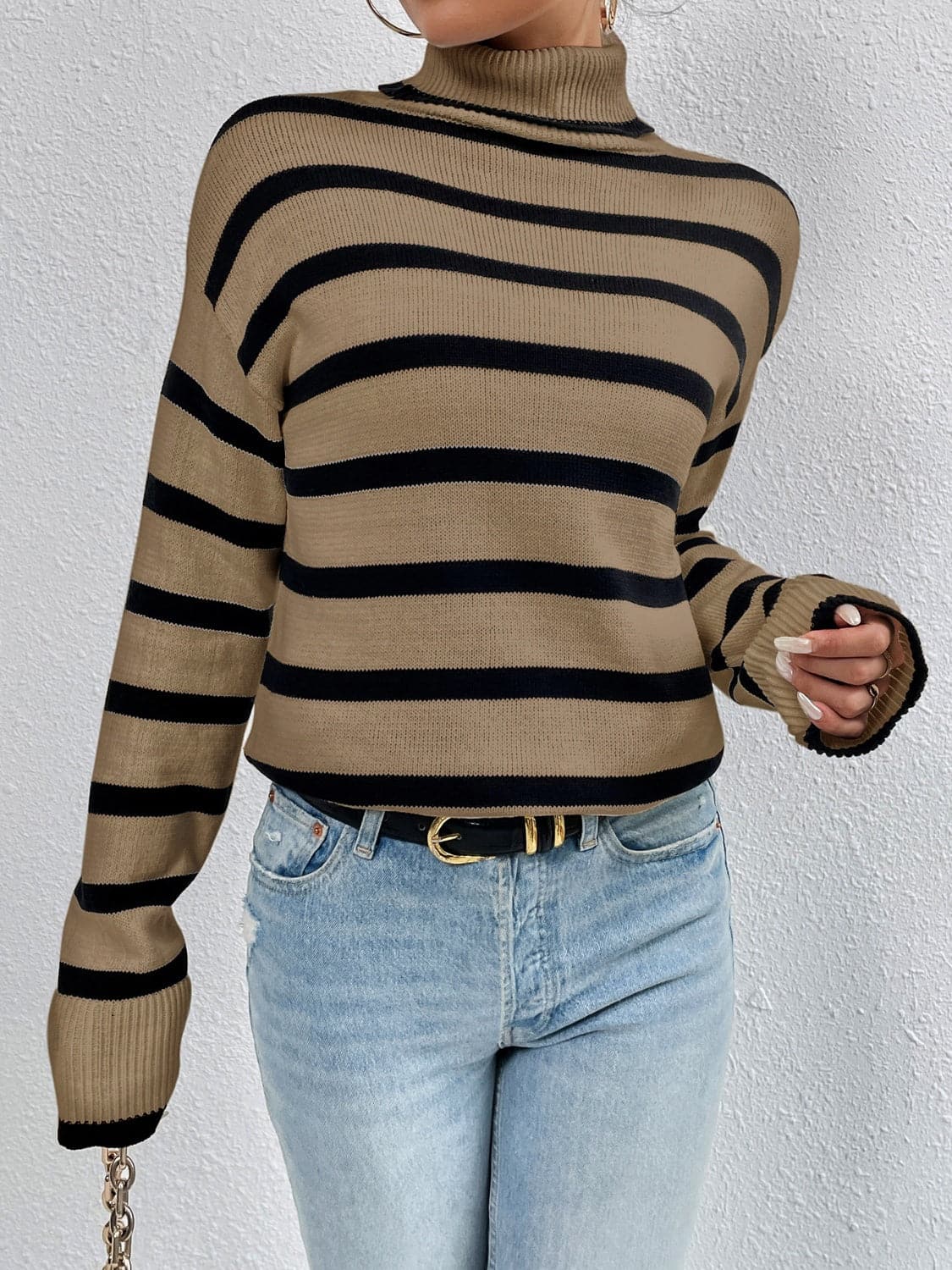 Striped Turtleneck Drop Shoulder Sweater.