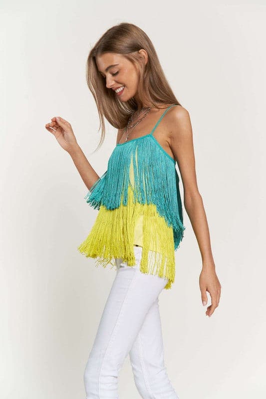 Fringe Overlay Cross Straps Party Cami Top.