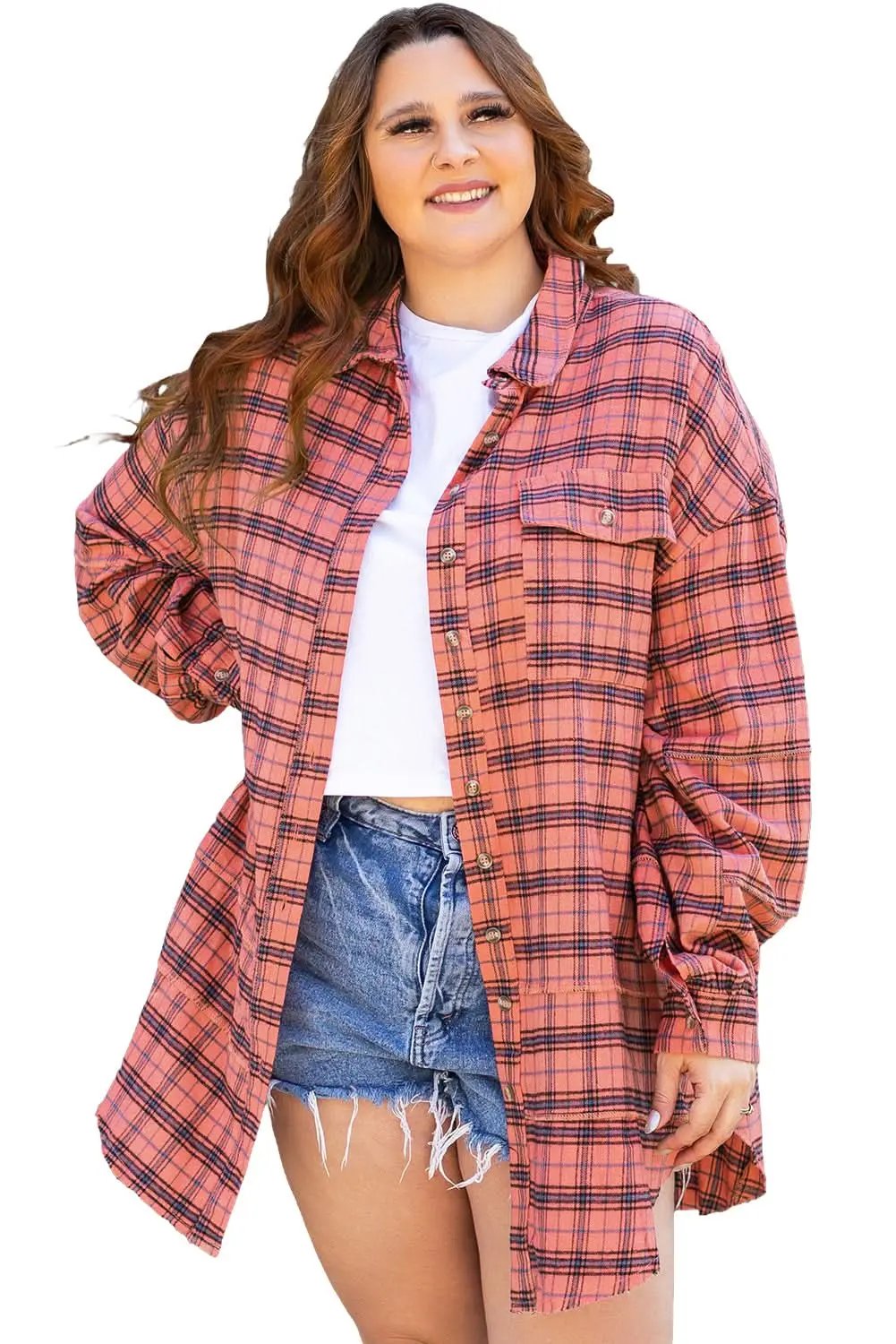 Red Plaid Long Sleeeve Side Split Distressed Hem Shirt - Love Salve 