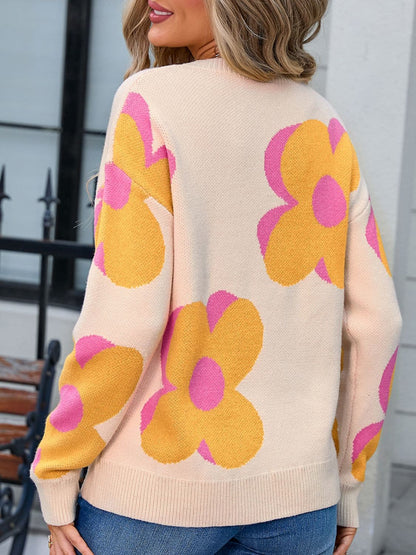 Floral print round neck long sleeve pullover sweater