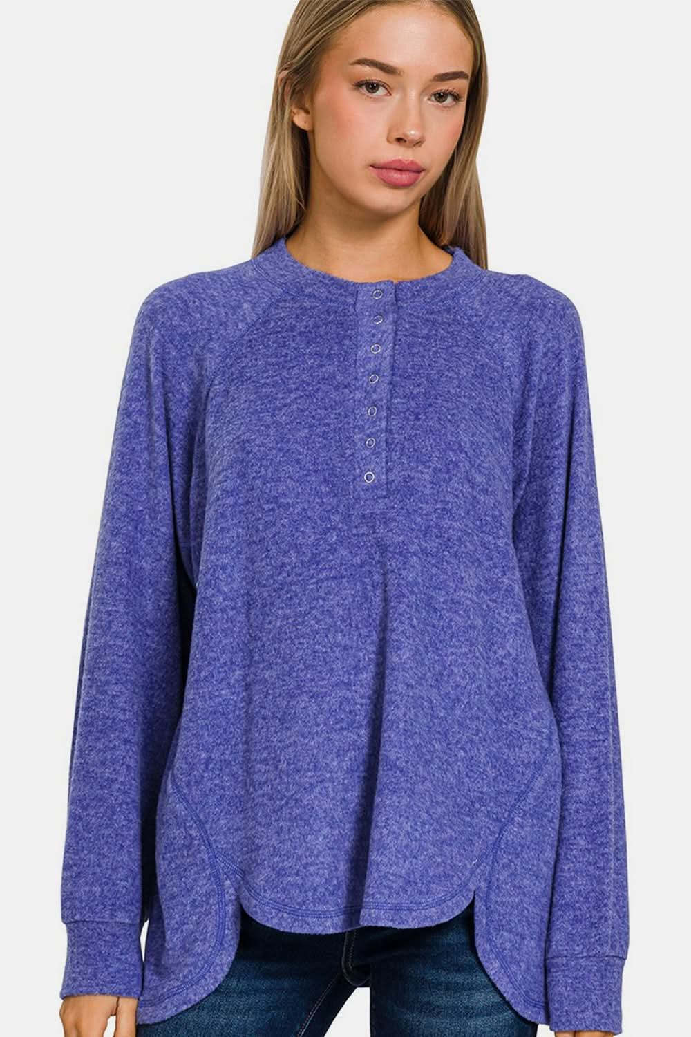 Zenana Full Size Brushed Melange Hacci High-Low Sweater with 7-button Henley placket and hi-low hem.