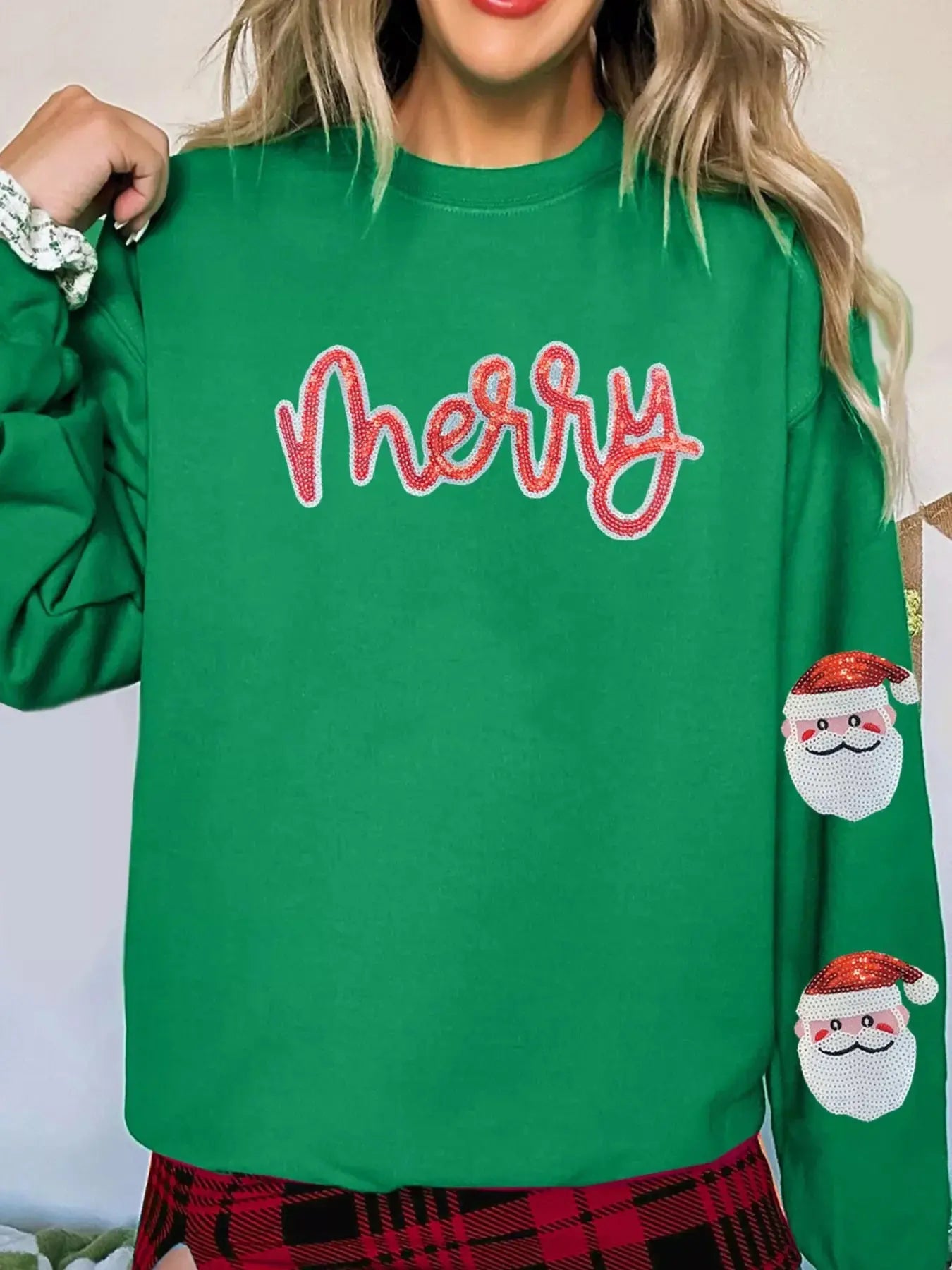 Sequin Merry Christmas Graphic Sweatshirt With Father Christmas Patch Sleeves Simply Love
