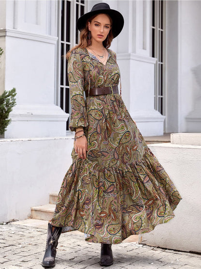 Printed Tie Neck Ruffle Hem Long Sleeve Dress.