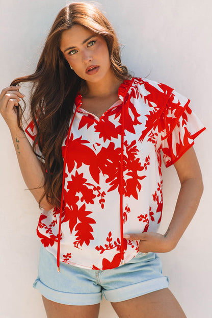 Red Plant Print Tiered Ruffled Sleeve V Neck Blouse for Women