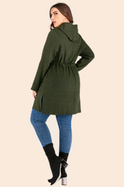 Plus Size Drawstring Waist Hooded Cardigan with Pockets.