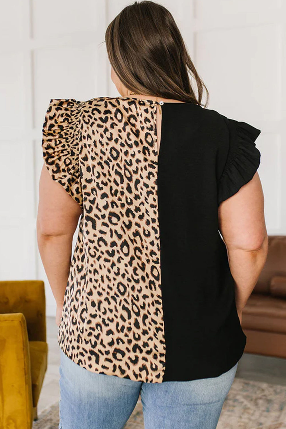 Chic black leopard flutter sleeve plus size top