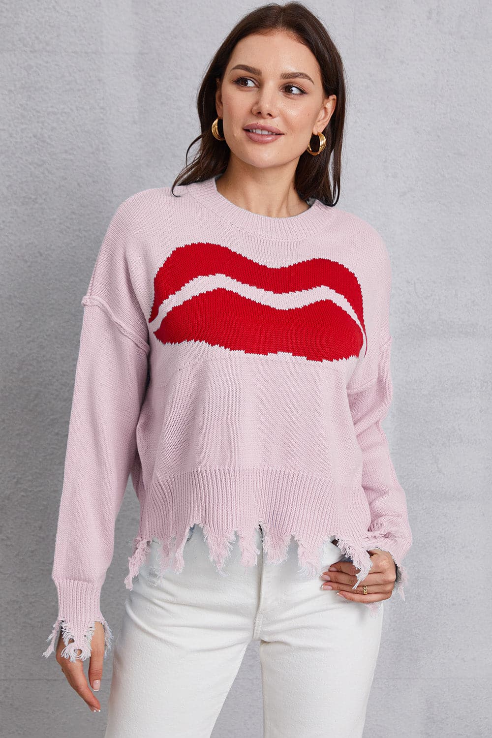 Lip Fringe Round Neck Sweater.