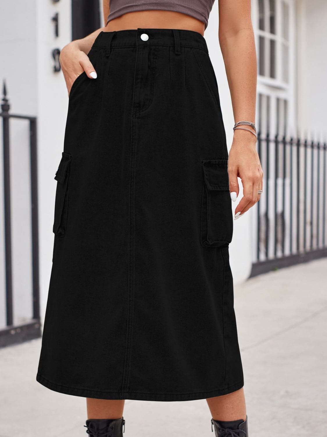 Slit Buttoned Denim Skirt with Pockets.