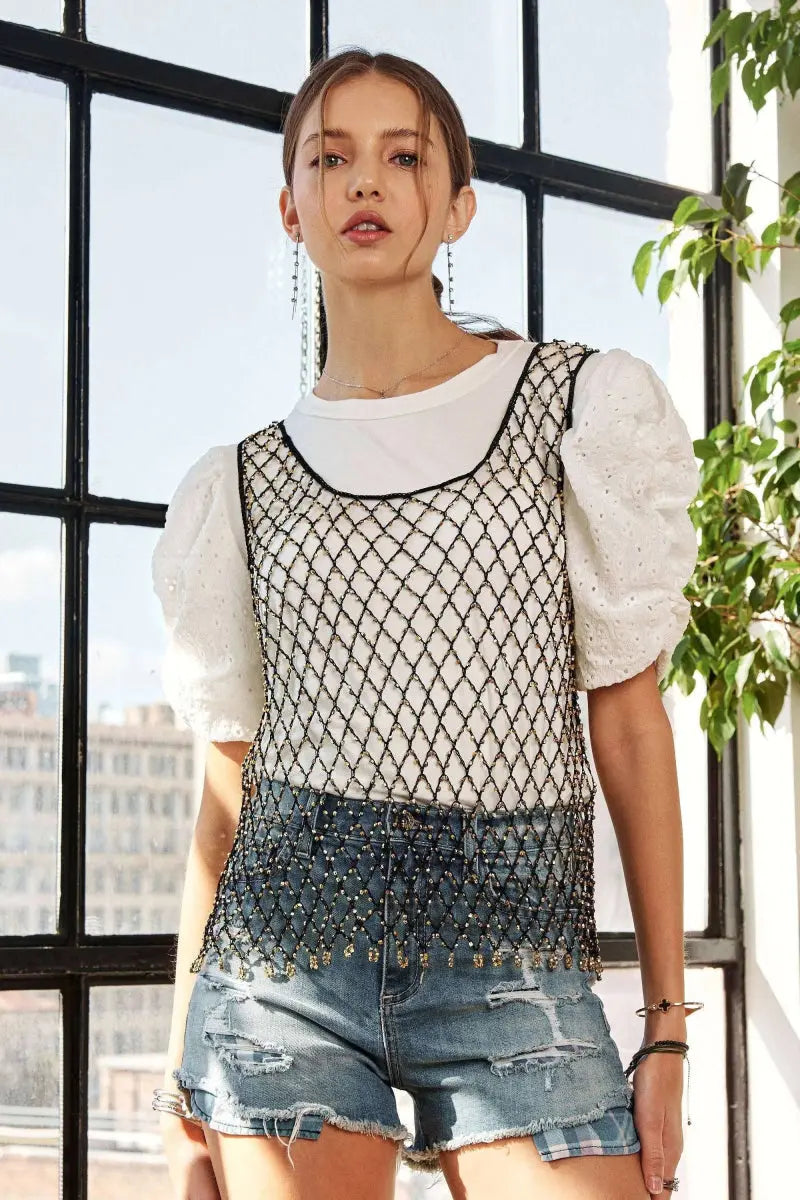 ADORA Beads Accent Fishnet Tank Top for Bold Fashion Style - Love Salve 