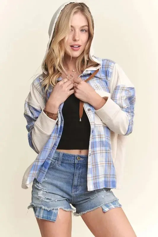 ADORA Button Down Plaid Hoodie Shacket - Love Salve
