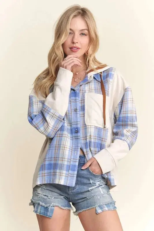 ADORA Button Down Plaid Hoodie Shacket - Love Salve