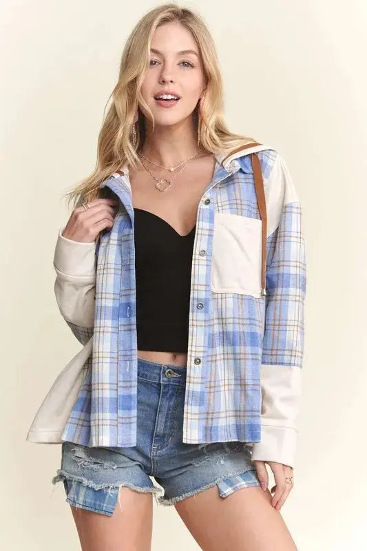 ADORA Button Down Plaid Hoodie Shacket - Love Salve