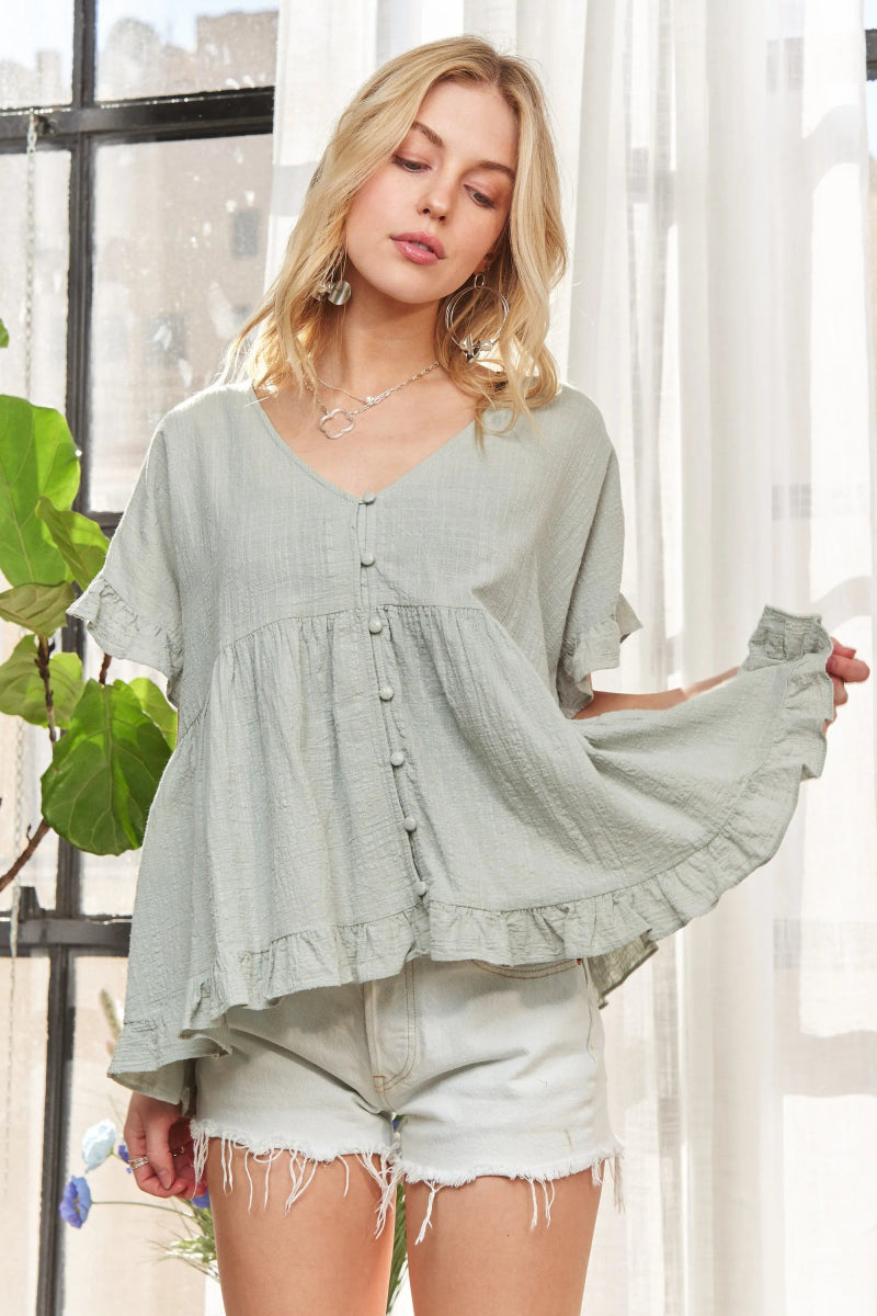 ADORA Button Down Ruffled Babydoll Blouse for Women - Love Salve 