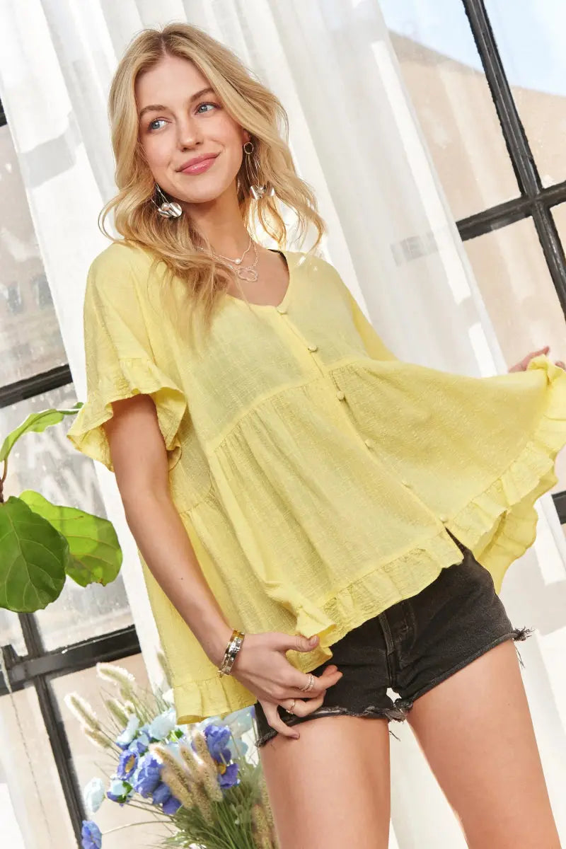ADORA Button Down Ruffled Babydoll Blouse for Women - Love Salve 