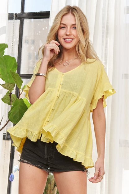 ADORA Button Down Ruffled Babydoll Blouse for Women - Love Salve