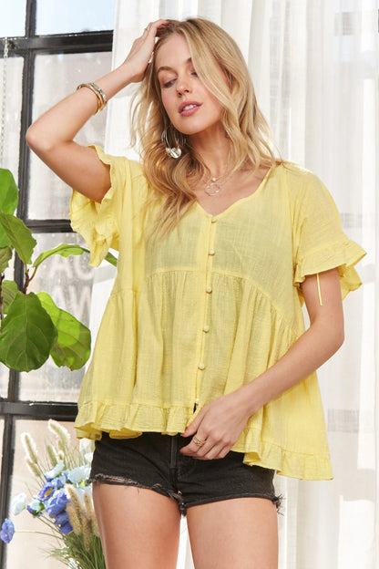ADORA Button Down Ruffled Babydoll Blouse for Women - Love Salve