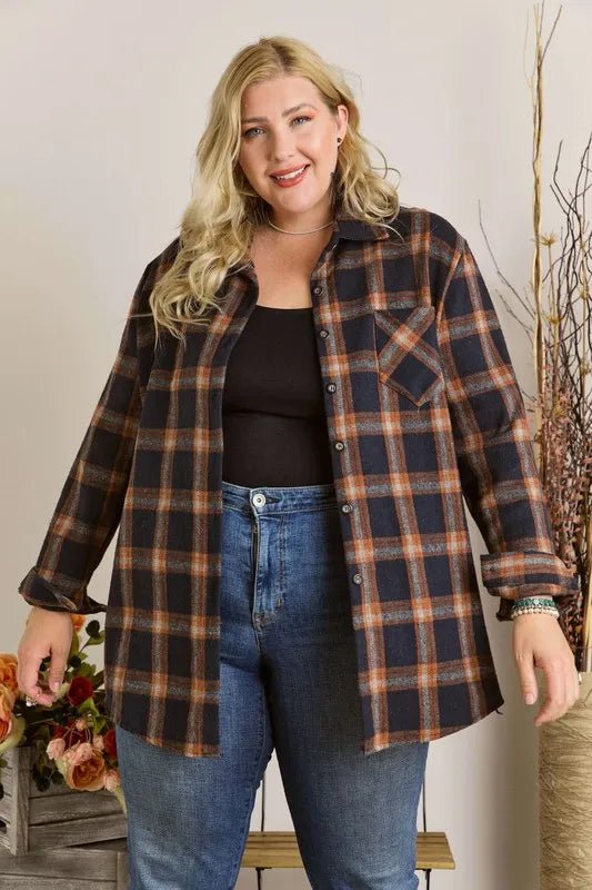 ADORA Full Size Button Down Flannel Shirt Plus Size Cozy Shirt - Love Salve