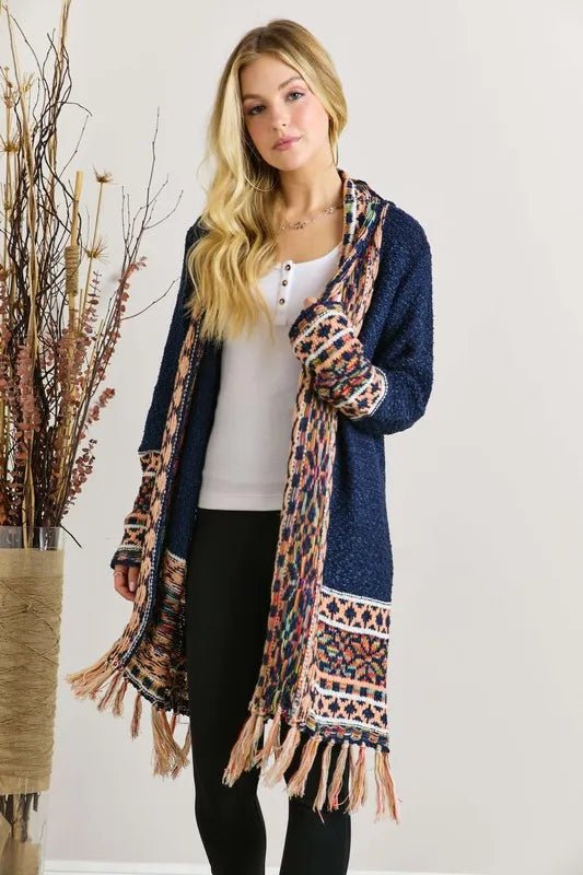 ADORA Full Size Fringe Hem Aztec Border Cardigan Plus Size - Love Salve