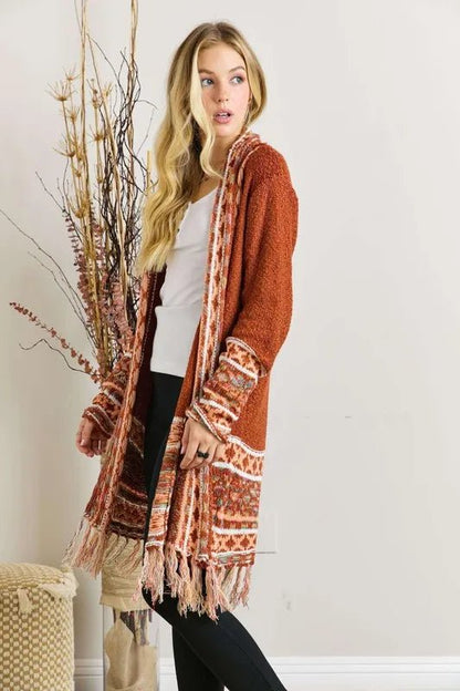 ADORA Full Size Fringe Hem Aztec Border Cardigan Plus Size - Love Salve