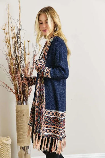 ADORA Full Size Fringe Hem Aztec Border Cardigan Plus Size - Love Salve