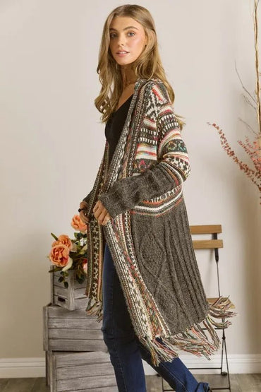 ADORA Full Size Fringe Hem Aztec Cardigan Plus Size - Love Salve
