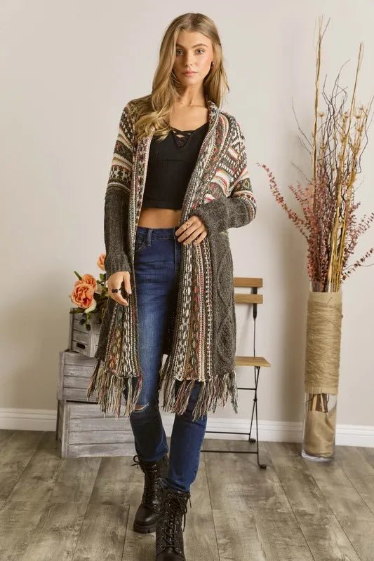 ADORA Full Size Fringe Hem Aztec Cardigan Plus Size - Love Salve