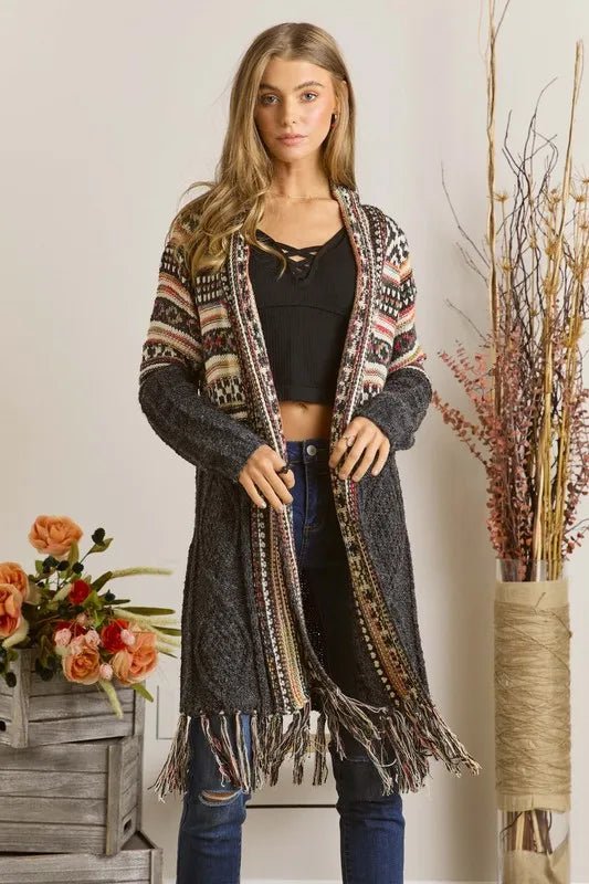 ADORA Full Size Fringe Hem Aztec Cardigan Plus Size - Love Salve