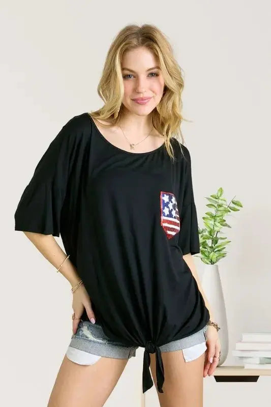 ADORA Sequin US Flag Pocketed Top for Patriotic Style - Love Salve 