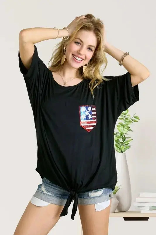 ADORA Sequin US Flag Pocketed Top for Patriotic Style - Love Salve 